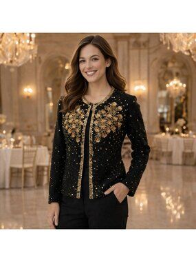 Vintage Black Cardigan Beaded With Gold Floral Embellishments & Sequins 48